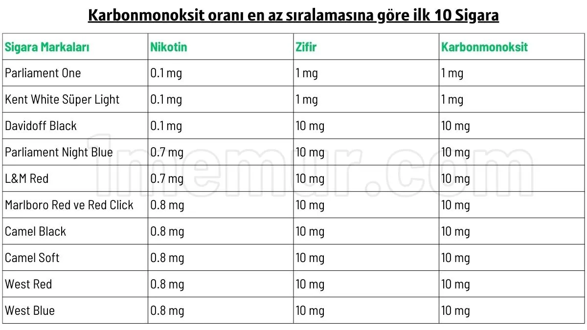 sigara karbonmonoksit oranlari
